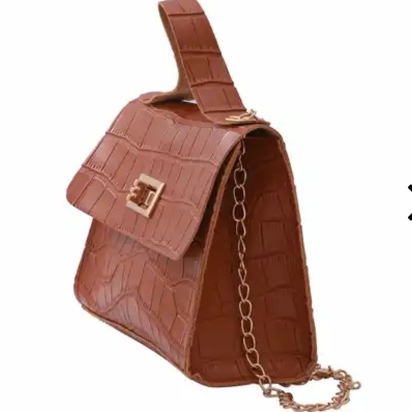 HP! ROYAL SIAMESE Brown Croc Embossed Faux Leather Mini Handbag with Chain Strap - Picture 3 of 11